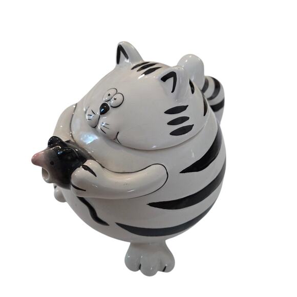 Pier 1 Imports Ceramic Cat Holding Mouse Teapot Black & White Whimsical Decor - Picture 2 of 10